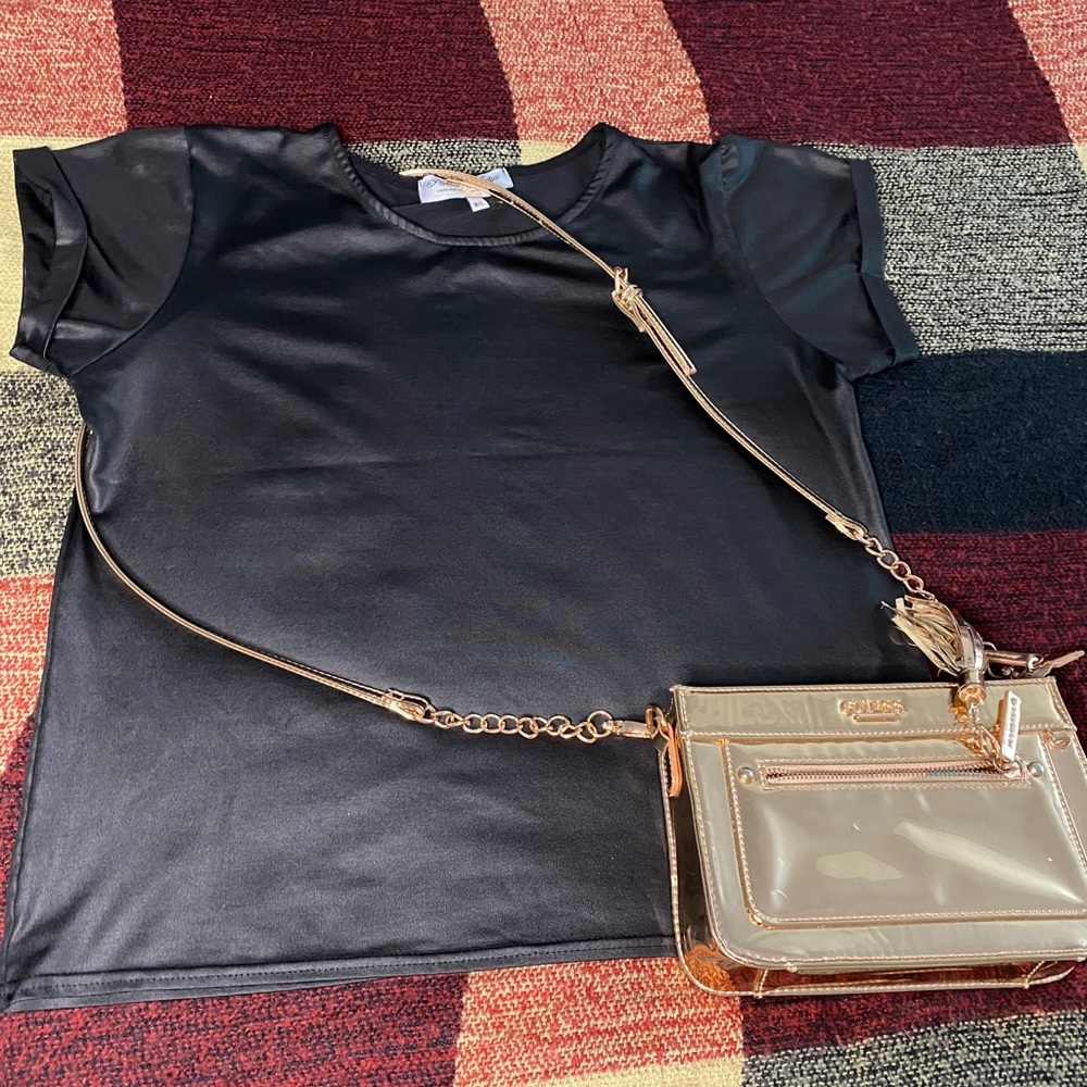 Basic Black Faux leather T-Shirt- Rolled Cuffs-